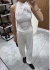 Halter Yaka Büzgülü Bluz Pantolon Takım Beyaz