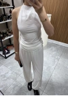 Halter Yaka Büzgülü Bluz Pantolon Takım Beyaz