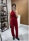 Halter Yaka Büzgülü Bluz Pantolon Takım Kırmızı