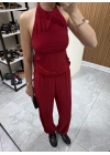 Halter Yaka Büzgülü Bluz Pantolon Takım Kırmızı