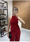 Halter Yaka Büzgülü Bluz Pantolon Takım Kırmızı