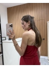 Halter Yaka Büzgülü Bluz Pantolon Takım Kırmızı