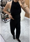 Halter Yaka Büzgülü Bluz Pantolon Takım Siyah