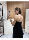 Halter Yaka Büzgülü Bluz Pantolon Takım Siyah