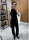 Halter Yaka Büzgülü Bluz Pantolon Takım Siyah