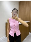 Kalın Askılı Düğmeli Bluz Pembe