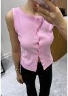 Kalın Askılı Düğmeli Bluz Pembe
