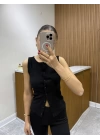 Kalın Askılı Düğmeli Bluz Siyah