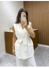 Kemerli Yelek Pantolon Beyaz Takım