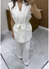 Kemerli Yelek Pantolon Beyaz Takım