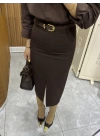 Ön Yırtmaçlı Midi Boy Marka Model Etek Kahve