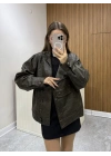 Tasarım Oversize Deri Ceket Haki