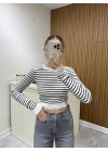 Triko Çizgili Crop Ekru