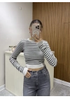 Triko Çizgili Crop Ekru