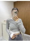 Triko Çizgili Crop Ekru