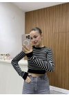 Triko Çizgili Crop Siyah