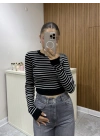 Triko Çizgili Crop Siyah