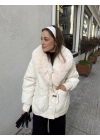 Yakası Kürk Detaylı Şişme Mont Beyaz