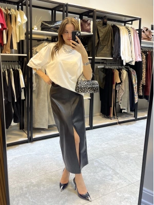 Önden Yırtmaçlı Uzun Deri Etek Siyah