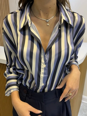 Saten Lacivert Çizgili Gömlek