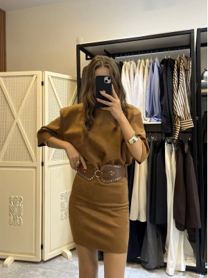 Süet Beli Kemerli Taba Elbise