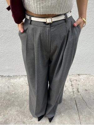 Çift Pileli Palazzo Pantolon Gri