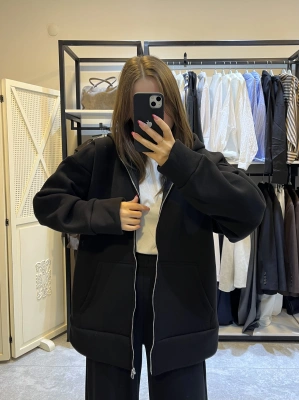 Fermuarlı Kapüşonlu Üç İplik Hırka