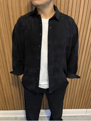 Fitilli Kadife Gömlek Siyah
