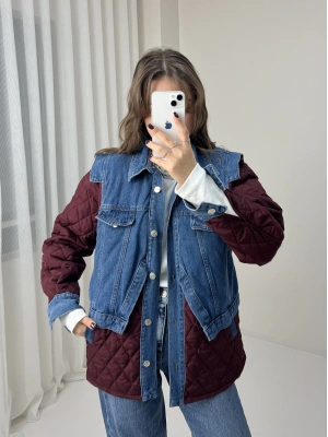 Denim Detaylı Tasarım Bordo Kapitone Ceket