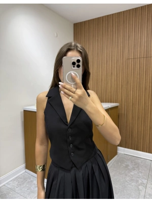 Arkası İpli Siyah Yelek