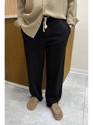 Yıkanmış Keten Baggy Siyah Pantolon