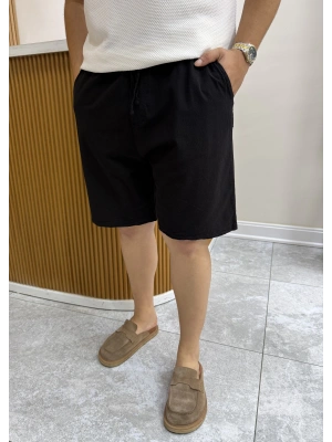 Yıkanmış Keten Siyah Şort