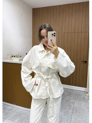 Bel Kuşaklı Denim Ceket Bej