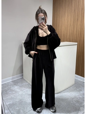 Kadife Üçlü Takım Kahve