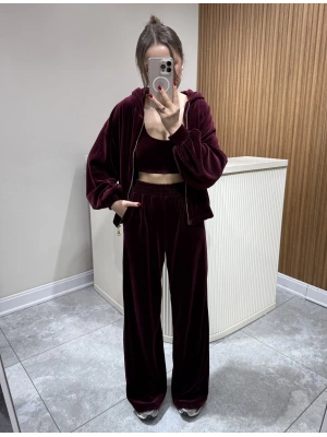 Kadife Üçlü Takım Bordo