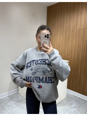 Gri Yazı Ve Hayvan Figürlü Sweat