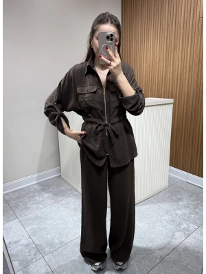 Kendinden Simli Ceket Pantolon Takım Kahve