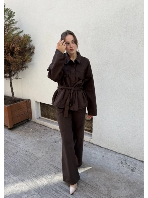 Beli Kuşaklı Ceket Pantolon Kahve Takım