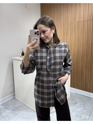 Boyundan Bağlamalı Ekose Gömlek Kahve Çizgili