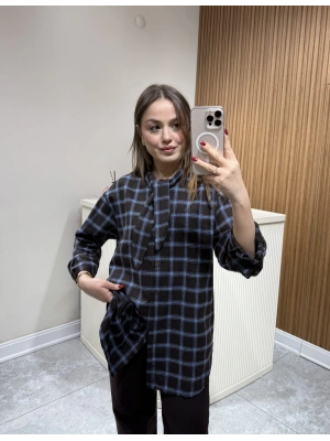 Boyundan Bağlamalı Ekose Gömlek Mavi Çizgili