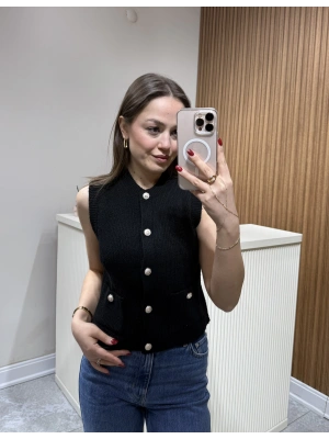 Gold Düğmeli Yelek Siyah
