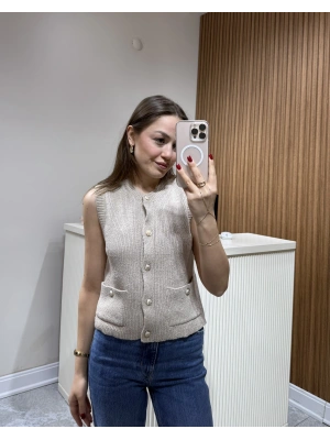 Gold Düğmeli Yelek Vizon