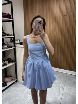 Kalın Askılı Mini Elbise Mavi