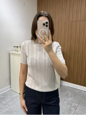 Ajurlu Yarım Kol Triko Vizon