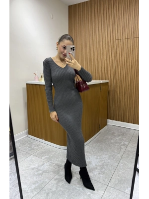 Arkadan Bağlama Detaylı Triko Elbise Gri