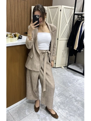 Bağlama Detaylı Vizon Ceket Pantolon Takım