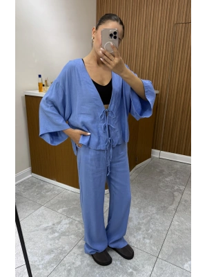 Bağlamalı Bluz Pantolon Mavi Keten Takım