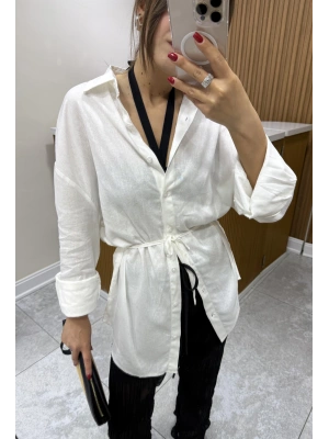 Belden Bağlamalı Keten Gömlek Beyaz