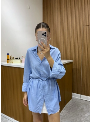 Belden Bağlamalı Keten Gömlek Mavi