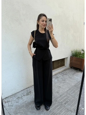 Beli Düğme Detaylı Bluz Pantolon Takım Siyah